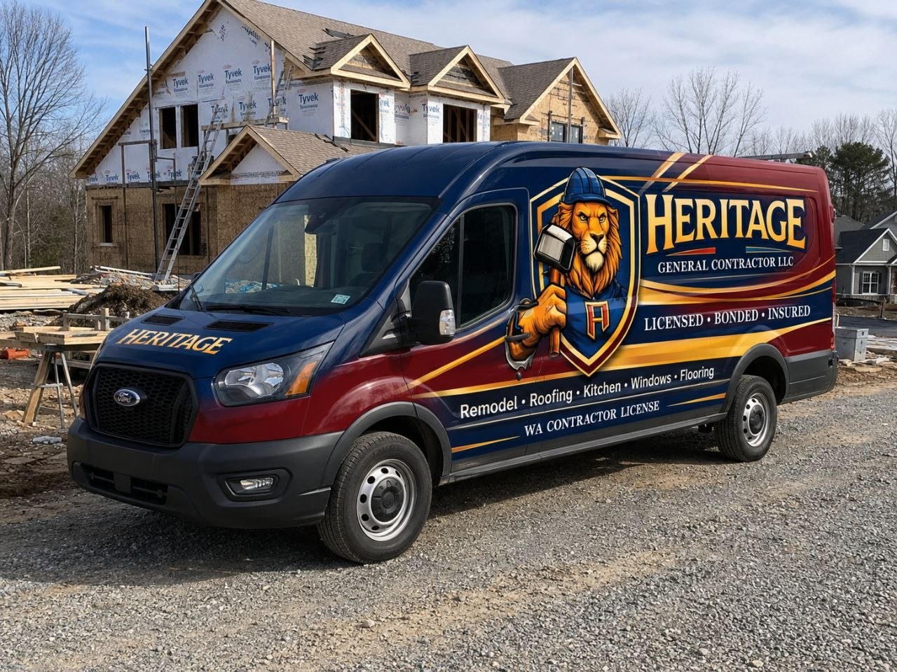 HERITAGE contractor vehicle at a residential construction site in Washington